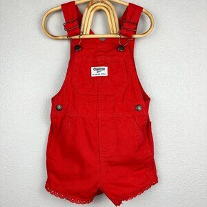 Vintage OshKosh B'gosh Red Overalls Shortalls Vestbak Floral Lace Trim Girls 12m